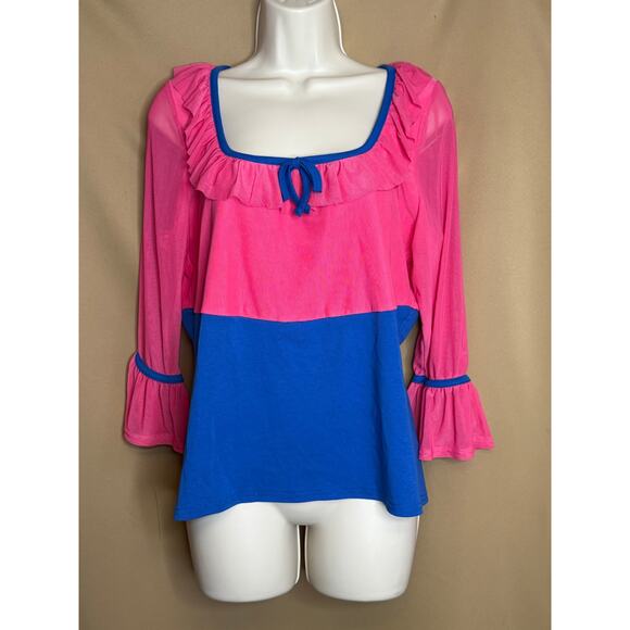 Unique Vintage Pink and Blue Top with Sheer Sleeves 1X 16 NWOT - Picture 2 of 5